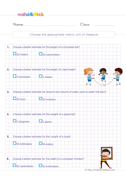 Grade 5 measurement worksheets: Customary and metric conversion - Choosing appropriate units measure practice