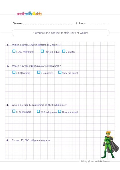 5th Grade Math worksheets with answers - Compare and convert metric units of weight