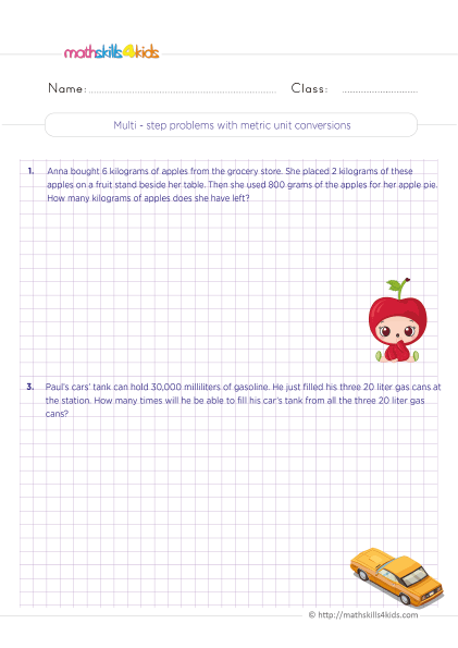 5th Grade Math worksheets with answers - How to solve multi-step word problems with metric units conversion