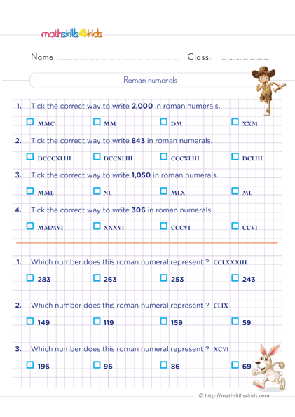 6th Grade Math whole numbers worksheets - read and write roman numerals - Standard numbers to Roman numerals matching