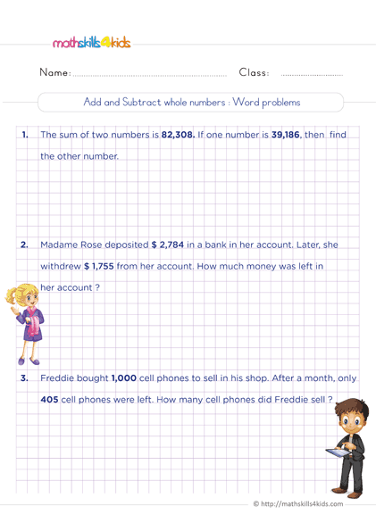 6th Grade Math whole numbers worksheets - add and subtract whole numbers word problems