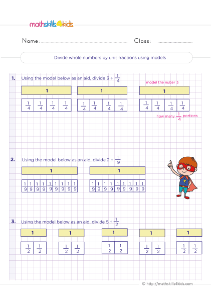 division of fractions - divide whole numbers by unit fractions using models