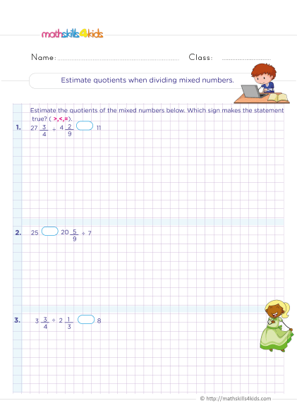 6th Grade math dividing fractions worksheets - estimate quotients when dividing mixed numbers