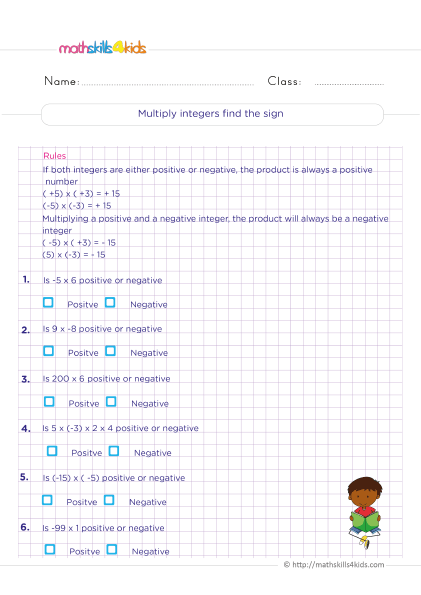 6th Grade operations with integers: Adding, Subtracting, Multiplying, and Dividing - How to do multiplication of integers with different signs