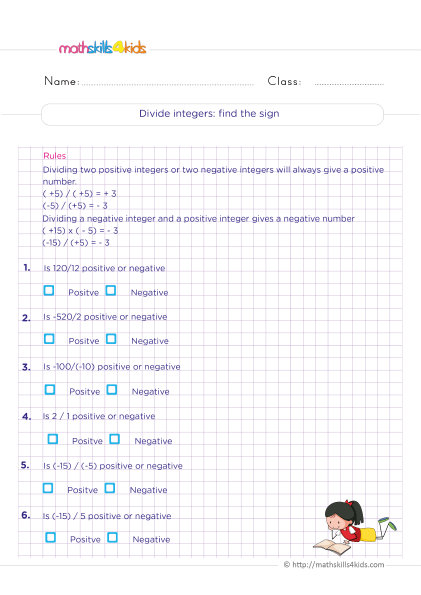 6th Grade operations with integers: Adding, Subtracting, Multiplying, and Dividing - Dividing integers practice - How to divide negative and positive integers