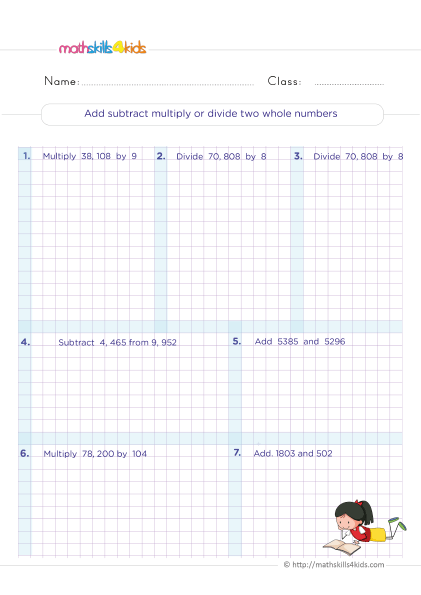 6th Grade mixed operations made easy: Free printable worksheets - operations on whole numbers - add subtract multiply or divide two whole numbers