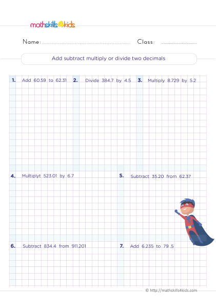 6th Grade mixed operations made easy: Free printable worksheets - Operations on decimals - add subtract multiply or divide two decimals