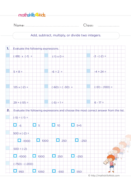 6th Grade mixed operations made easy: Free printable worksheets - Operations with integers - Add subtract multiply or divide two intergers