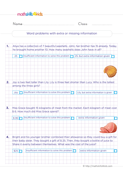 Grade 6 math word problem worksheets with answers - word problems with extra or missing information