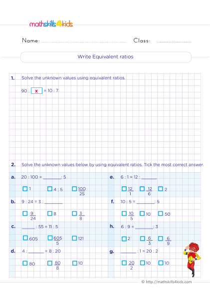 6th Grade ratios and rates worksheets pdf with answers - write an equivalent ratios