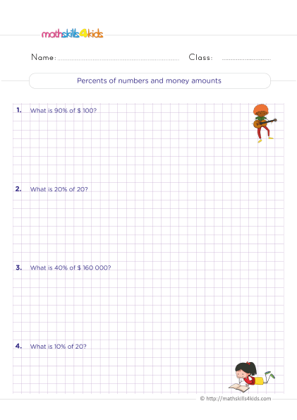 percentages worksheets for grade 6 PDF - Money percentages practice