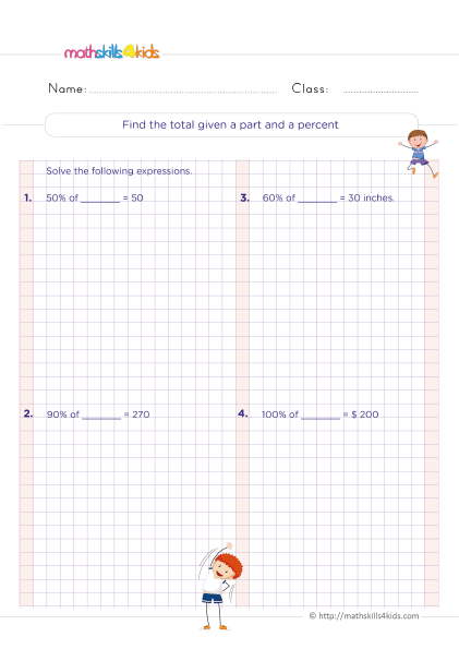 percentages worksheets for grade 6 PDF - Find the whole from a percent