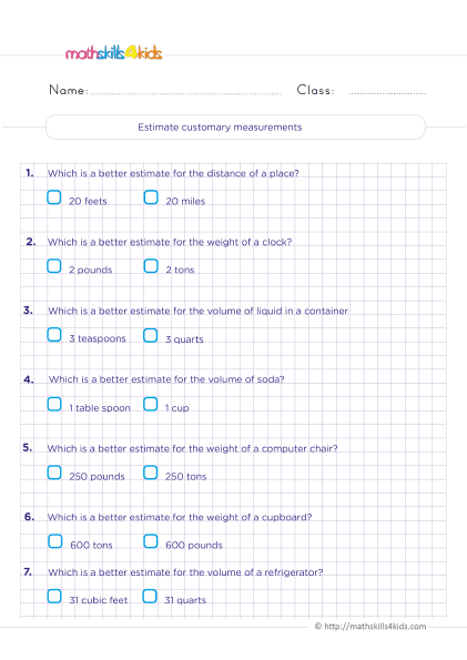 6th Grade measuring units worksheets: Free Download - Estimating length customary units practice