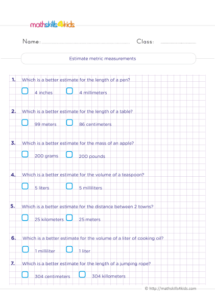 6th Grade measuring units worksheets: Free Download - Estimating metric measurements exercises with answers