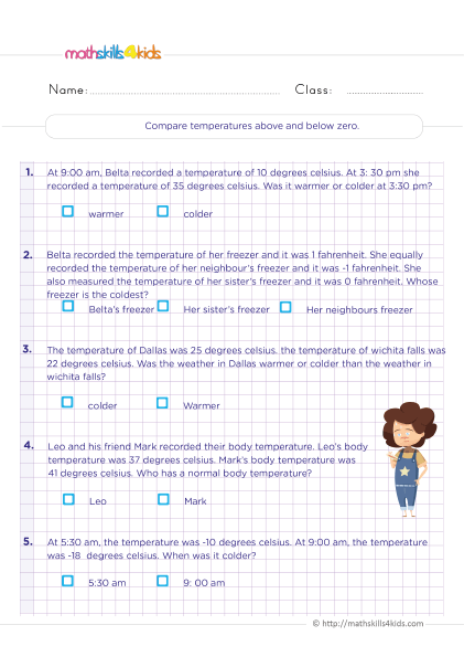 6th Grade Math worksheets - Temperatures above and below zero - Comparing positive and negative numbers