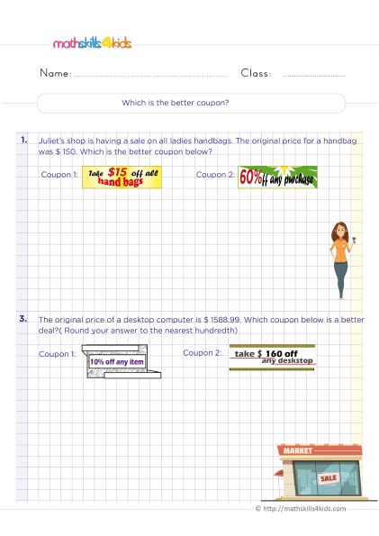 Money math worksheets for 6th grade - Which is the best deal worksheet with answers - which is the better coupon