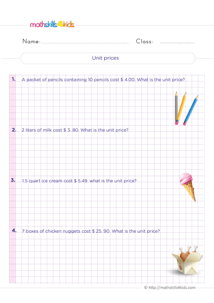 6th Grade consumer math worksheets: Budgeting, Saving, and Spending - finding unit price 