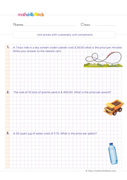 6th Grade consumer math worksheets: Budgeting, Saving, and Spending - Unit price with customary unit convertions