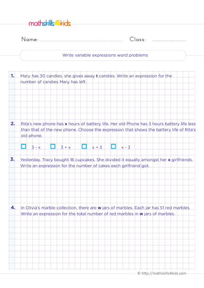 6th grade algebraic expressions worksheets - writing algebraic expressions from word problems