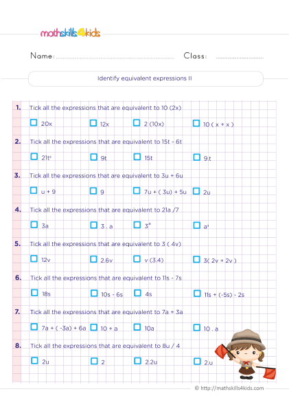 Algebraic expressions worksheets for 6th Graders: Learn and Practice - How to identify equivalent expressions practice