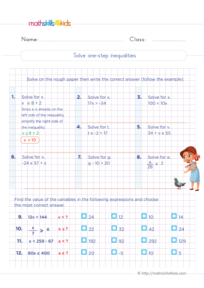 Solve and graph equation & inequalities for 6th grade: Worksheets, Tips & Tricks - Solving one-step inequalities