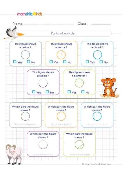 6th Grade 2D geometry worksheets: Shapes and their properties - Parts of a circle practice