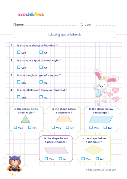 6th Grade 2D geometry worksheets: Shapes and their properties - Characteristics of quadrilaterals