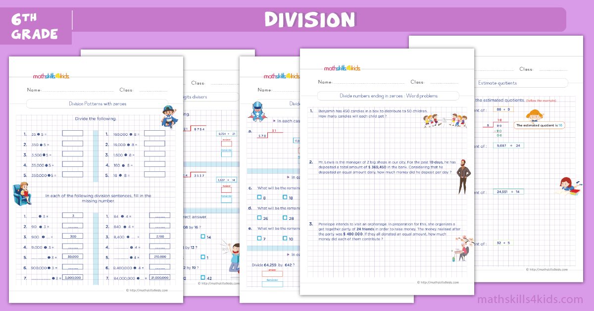 Ace 6th Grade math with interactive games and free worksheets - division worksheets