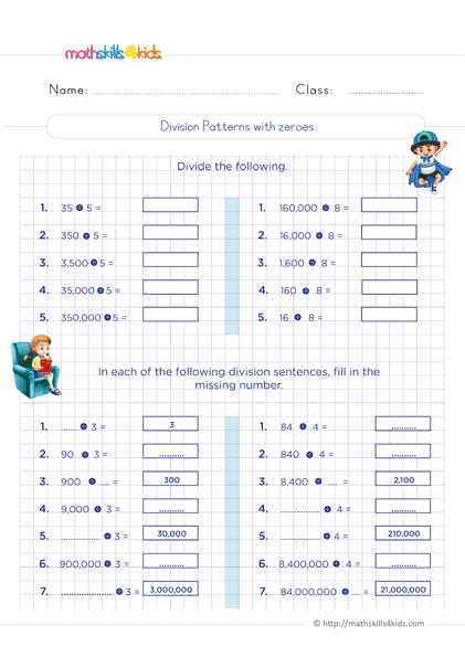 6th grade division exercises with answers - Division patterns with zeroes