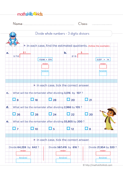 Printable 6th Grade math worksheets: Division of whole numbers - divide whole numbers 2-digit divisors
