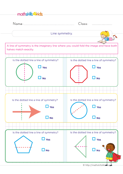 6th Grade symmetry and transformation worksheets - Identifying line of symmetry