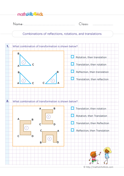 6th Grade symmetry and transformation worksheets - Combinations of reflection, rotation, and translation