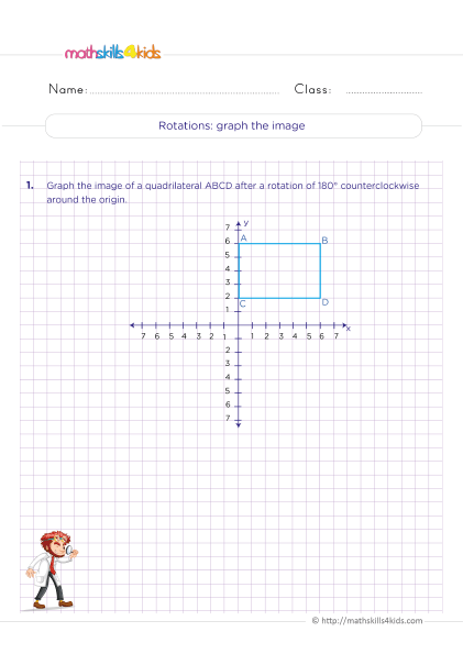 6th Grade symmetry and transformation worksheets - Graph rotation across axes