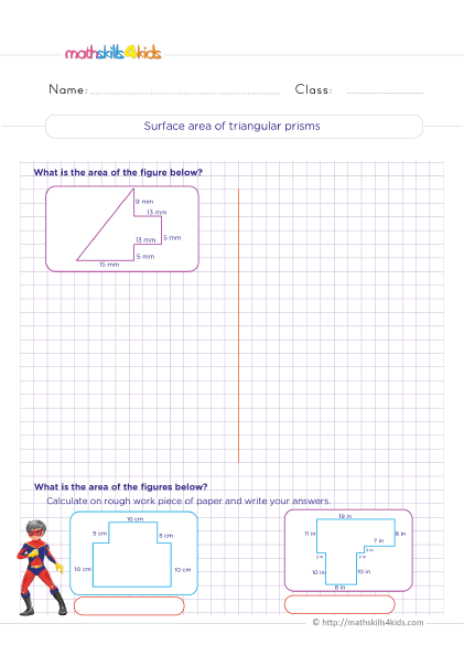 6th Grade geometry worksheets: Perimeters, surface area, and volume measurements - Area of compound figures with triangles