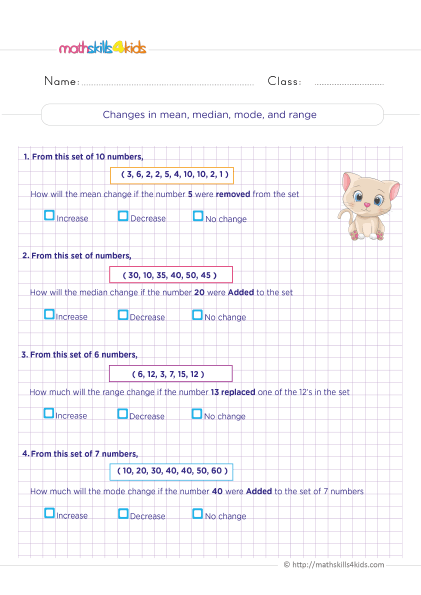 Grade 6 Statistics Worksheets PDF - How changing a value affects the mean and median