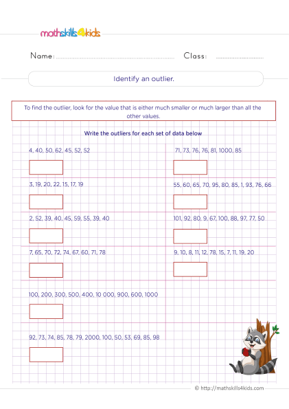 Grade 6 Statistics Worksheets PDF: Statistical Questions with Answers - Finding outliers in data practice
