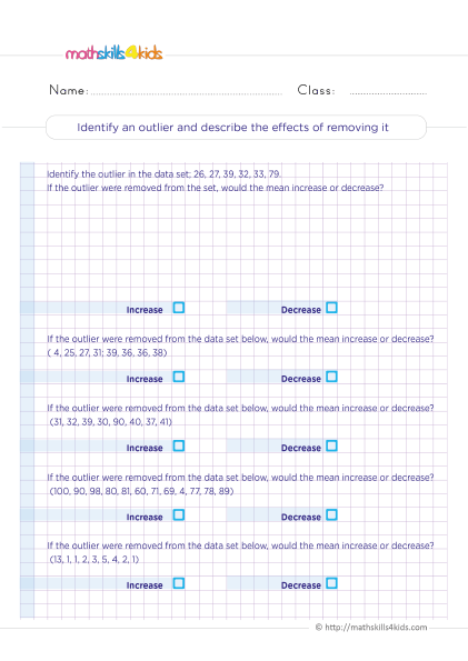 Grade 6 Statistics Worksheets PDF: Statistical Questions with Answers - Identify an outlier and describe the effects of removing it