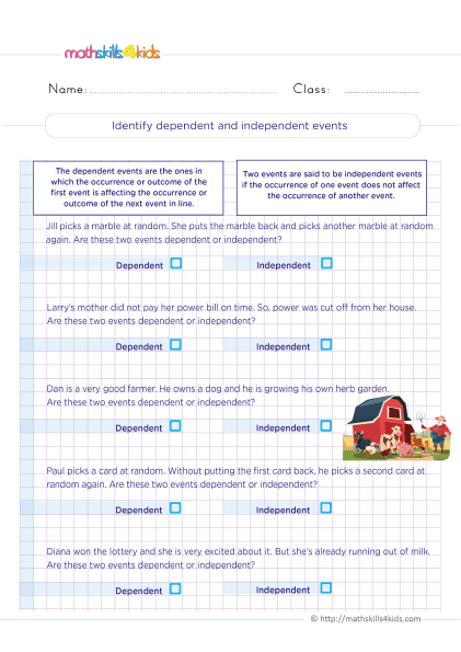 Probability Worksheets for Grade 6 with Answers - How to determine if events are independent or dependent