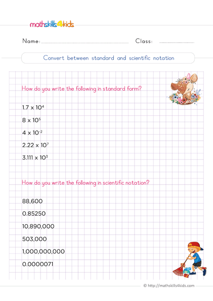 6th Grade Number Theory Worksheets PDF - Convert a number to scientific notation - convert between standard and scientific notation