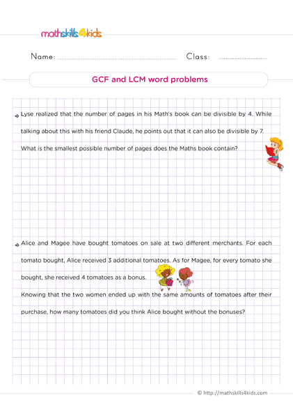 6th Grade number theory worksheets: Free and Printable - How do you find the GCF and LCM in word problems