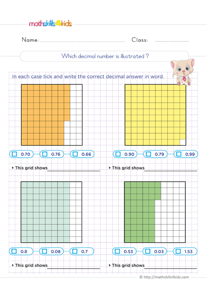 Grade 6 math worksheets: Improve kids’ math skills with fun exercises - Understanding decimals expression - What decimal number is illustrated