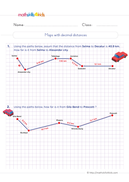 6th Grade decimal addition and subtraction: Free printable worksheets - maps with decimal distances