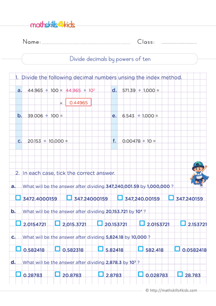 6th Grade math: Multiplying and dividing decimals worksheets - Dividing  decimals by power of ten