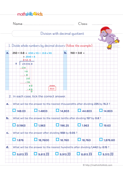 6th Grade math: Multiplying and dividing decimals worksheets - division with decimal quotient