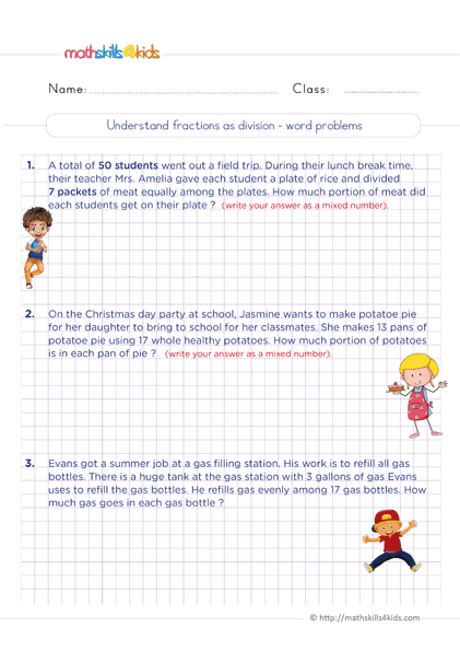 Mixed Numbers and Fractions Worksheets 6th Grade PDF - understanding fractions as division word-problems