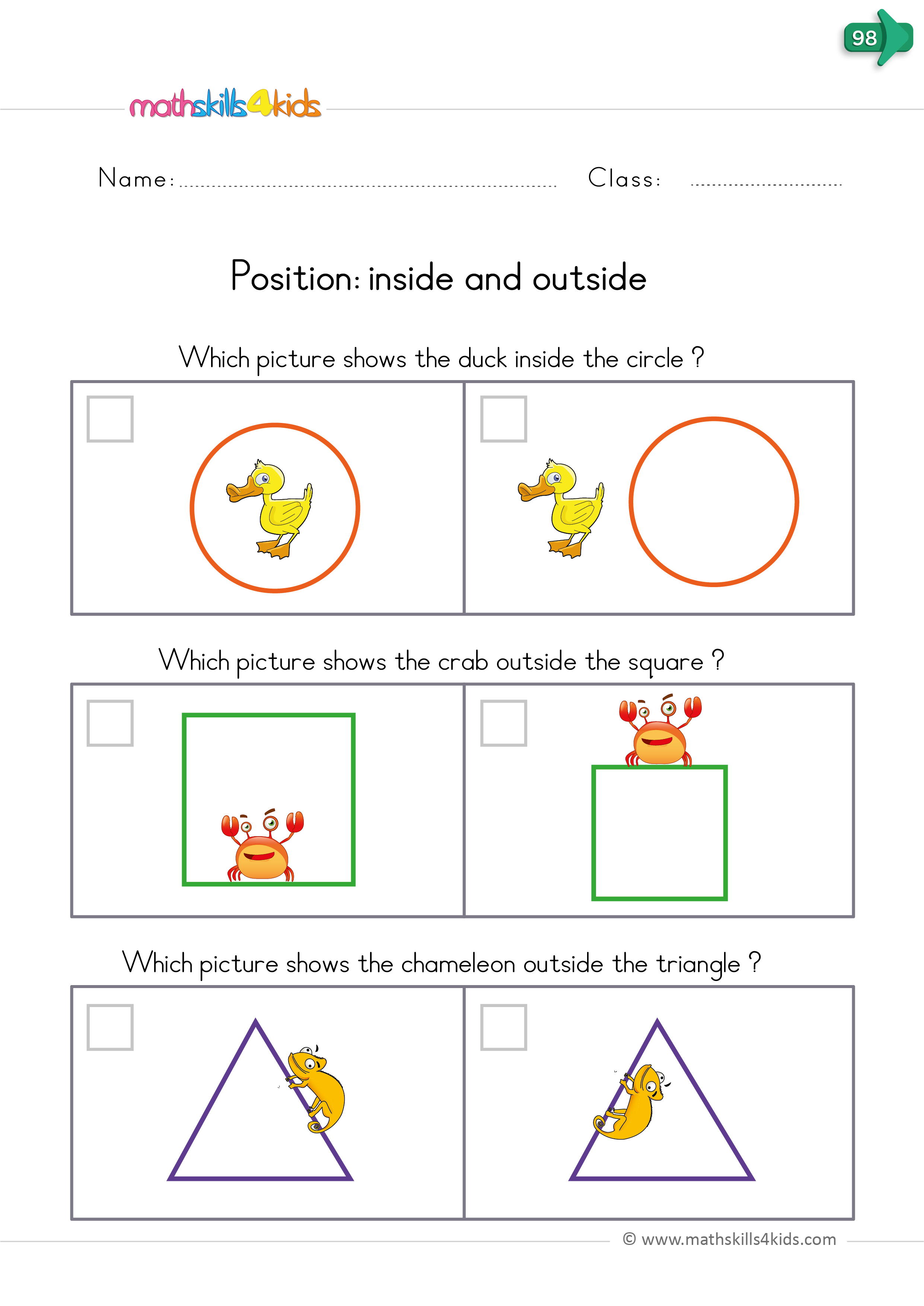 positions worksheets - inside outside