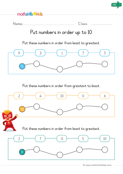 kindergarten comparing and classifying worksheets - put numbers in order