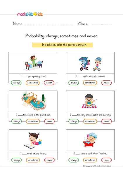 Probability Worksheets for Kindergarten - always, sometimes, and never