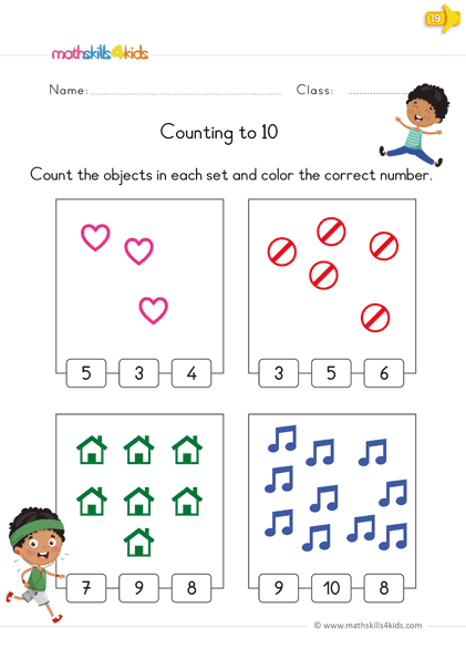 kindergarten math worksheets - counting objects up to 10