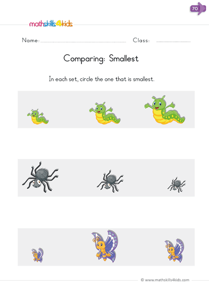 Kindergarten comparison worksheets: numbers vs. sizes - comparing size